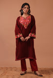 Rustic Red Woolen Ari Embroidered Phiran- Free Size