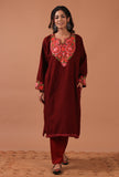 Rustic Red Woolen Ari Embroidered Phiran- Free Size