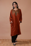 Chestnut Woolen Sozni Embroidered Phiran- Free Size