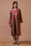 Pinkish Brown Woolen Ari Embroidered Phiran- Free Size