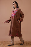 Pinkish Brown Woolen Ari Embroidered Phiran- Free Size