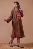 Pinkish Brown Woolen Ari Embroidered Phiran- Free Size