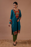 Teal Blue Woolen Ari Embroidered Phiran- Free Size