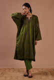 Army Green Woolen Sozni Embroidered Phiran- Free Size