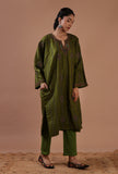 Army Green Woolen Sozni Embroidered Phiran- Free Size