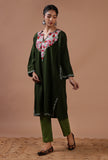 Olive Green Woolen Ari Embroidered Phiran- Free Size