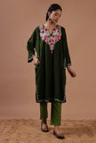 Olive Green Woolen Ari Embroidered Phiran- Free Size