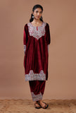 Maroon Velvet Zari Embroidered Kurta & Pant Set- Free Size