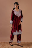 Maroon Velvet Zari Embroidered Kurta & Pant Set- Free Size