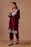 Maroon Velvet Zari Embroidered Kurta & Pant Set- Free Size