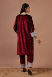 Maroon Velvet Zari Embroidered Kurta & Pant Set- Free Size