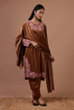 Chocolate Brown Velvet Ari Embroidered Kurta, Pant And Dupatta Set- Free Size