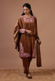 Chocolate Brown Velvet Ari Embroidered Kurta, Pant And Dupatta Set- Free Size