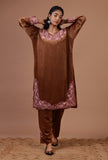 Chocolate Brown Velvet Ari Embroidered Kurta, Pant And Dupatta Set- Free Size