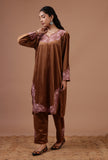 Chocolate Brown Velvet Ari Embroidered Kurta, Pant And Dupatta Set- Free Size