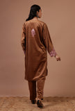 Chocolate Brown Velvet Ari Embroidered Kurta, Pant And Dupatta Set- Free Size