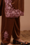 Chocolate Brown Velvet Ari Embroidered Kurta, Pant And Dupatta Set- Free Size