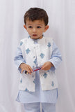 Blue Block Printed Floral Nehru Jacket