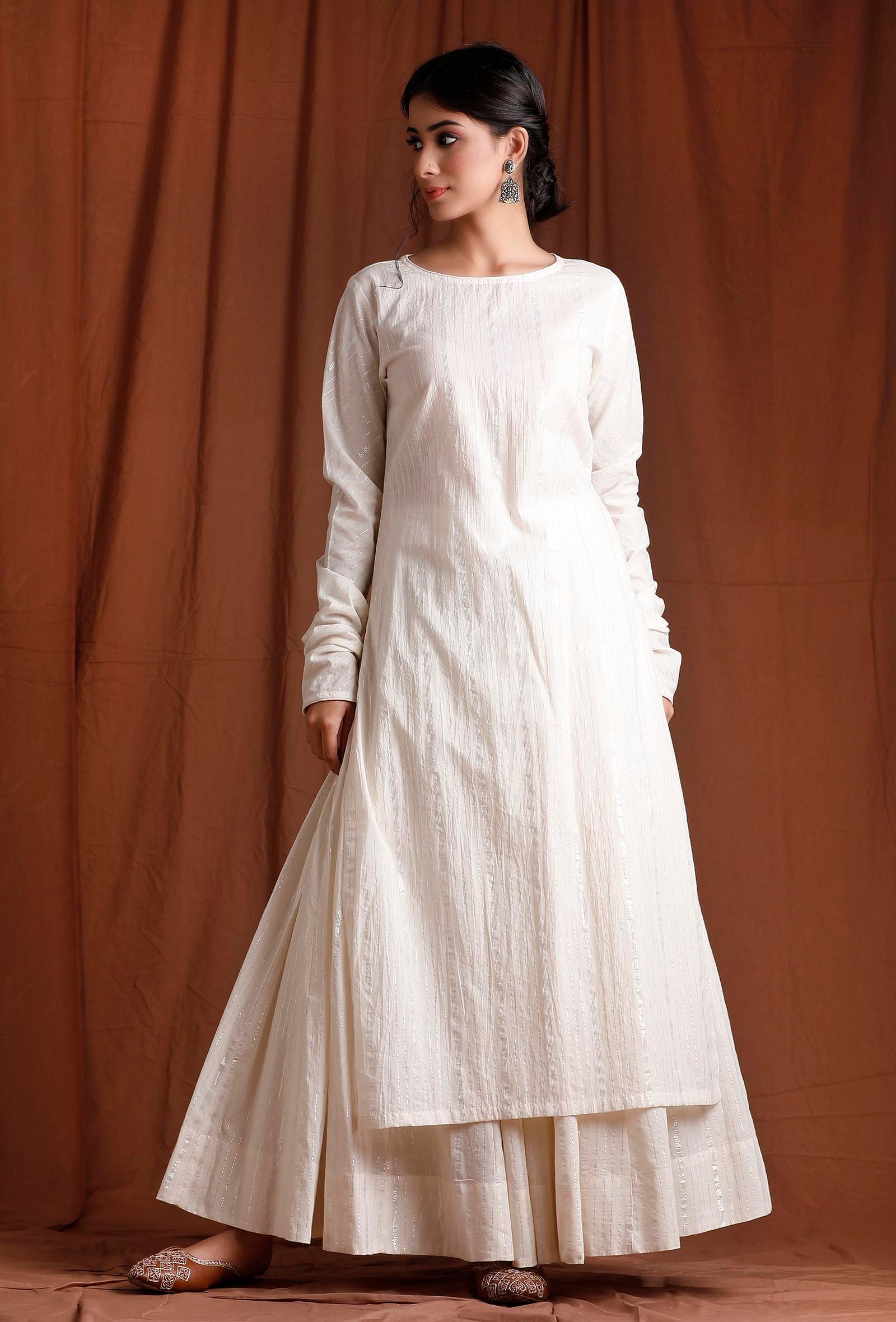 Buy Off White Cotton Full Sleeves Long Kurta Online @