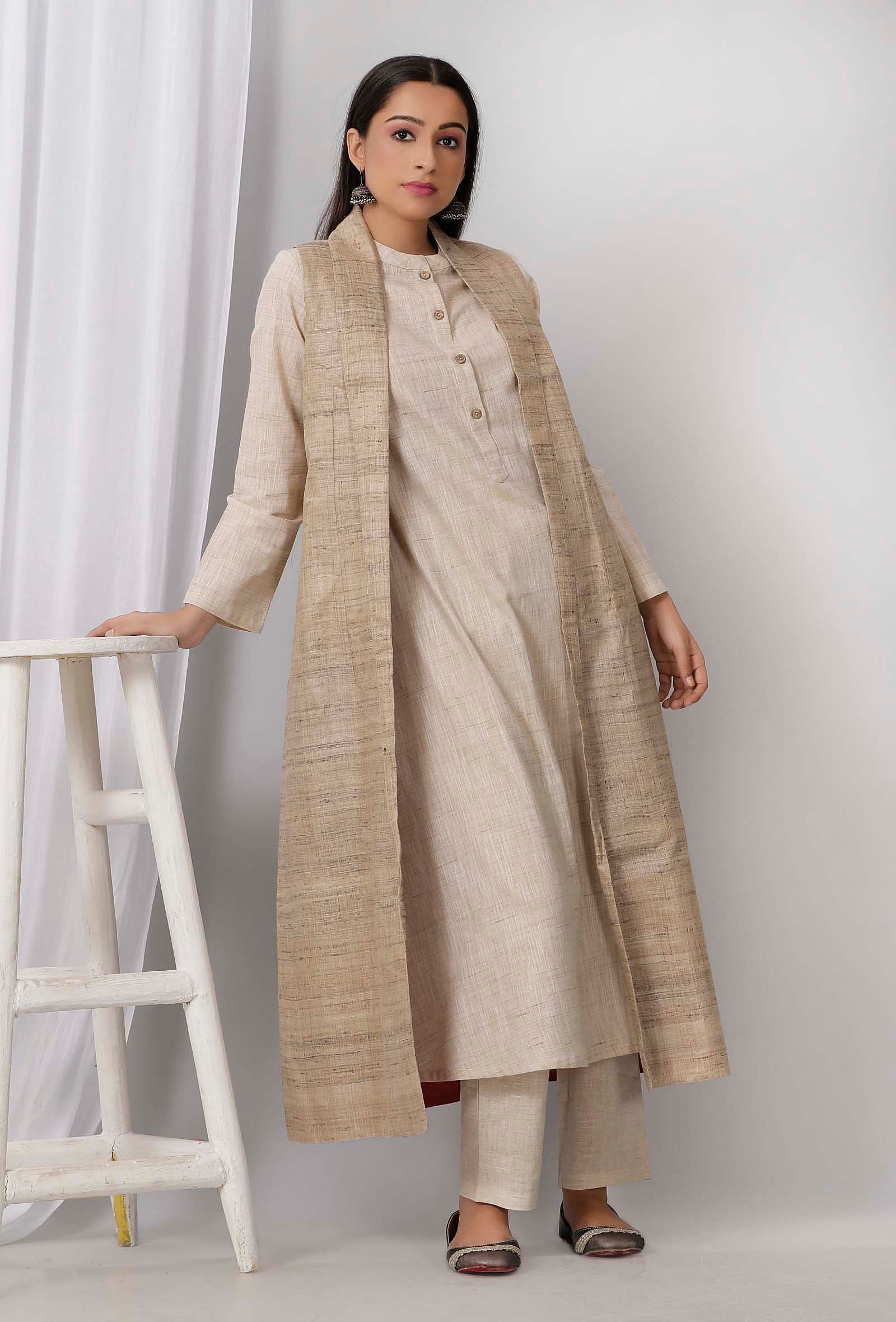 Buy See Designs Men Cream Color Solid Khadi Nehru Jacket online