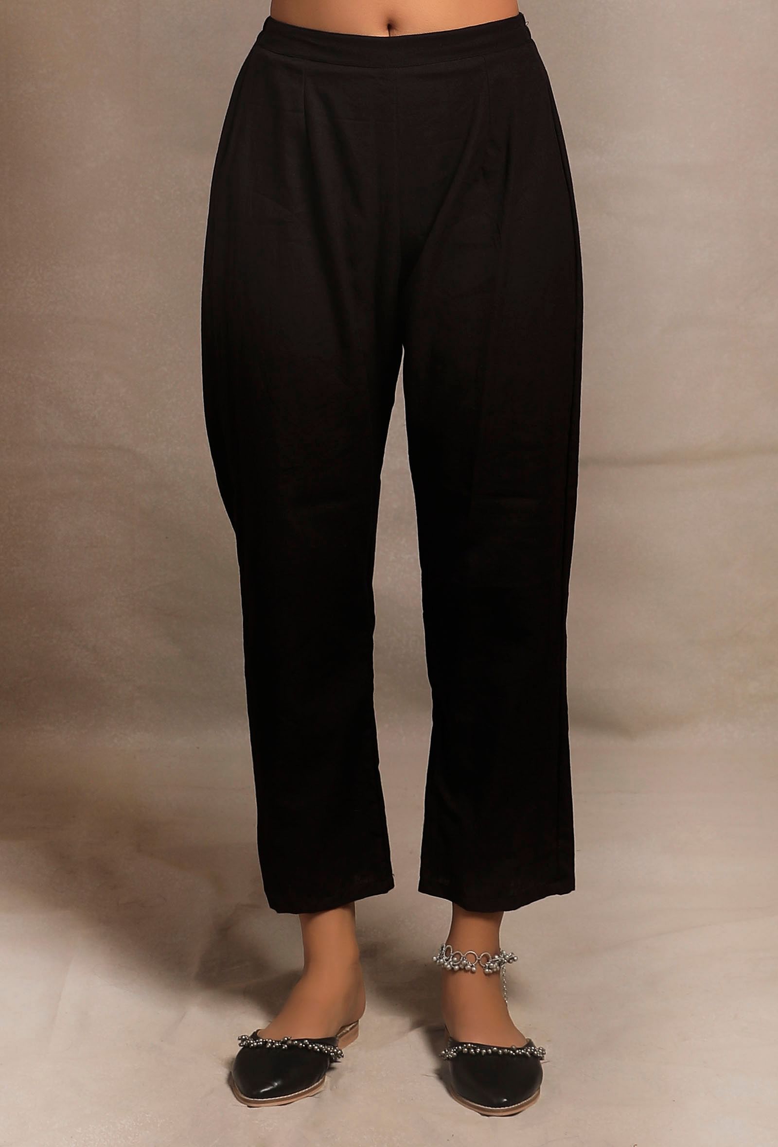 Black Straight Fit Cotton Pants with Embroidery at bottom