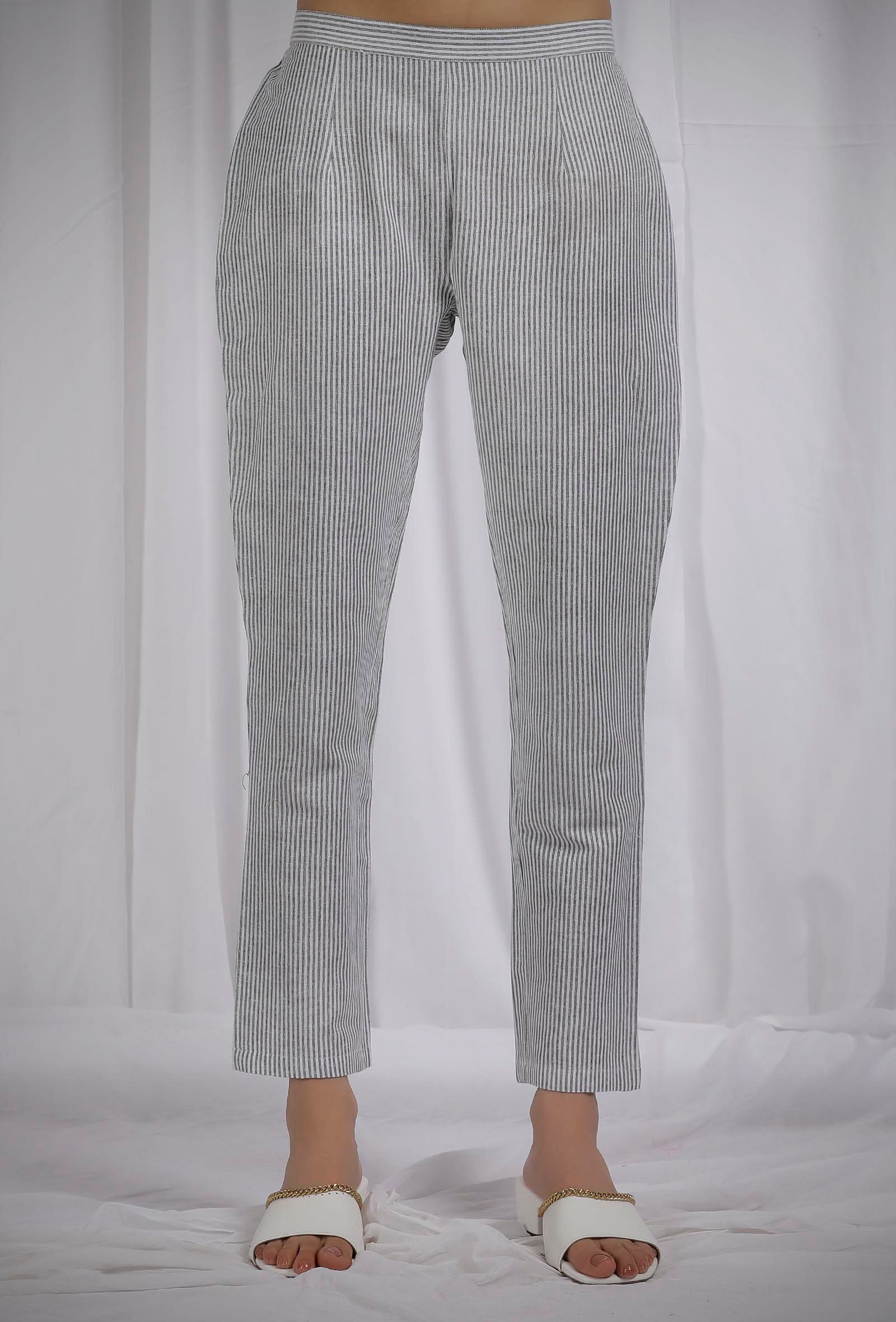 Quaclo Green White and Light Grey Women Stripe Trouser Pants Combo