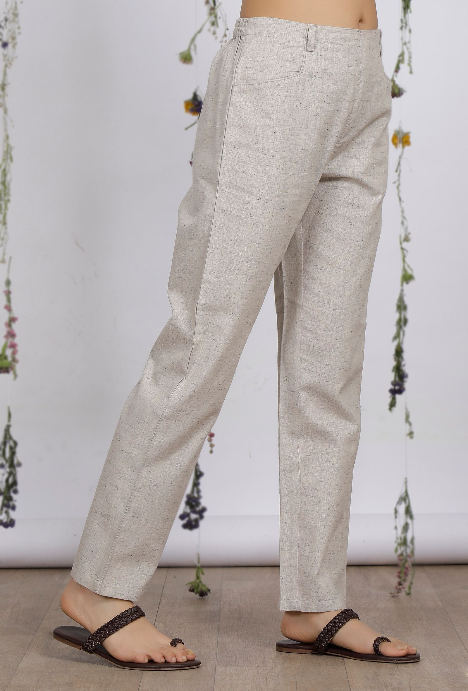 Off White Khadi Cotton Plain Fancy Trousers - Vastrang - 3009076