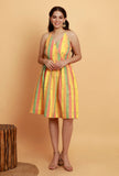 Yellow Multicolor Flared Sleeveless Woven Dress