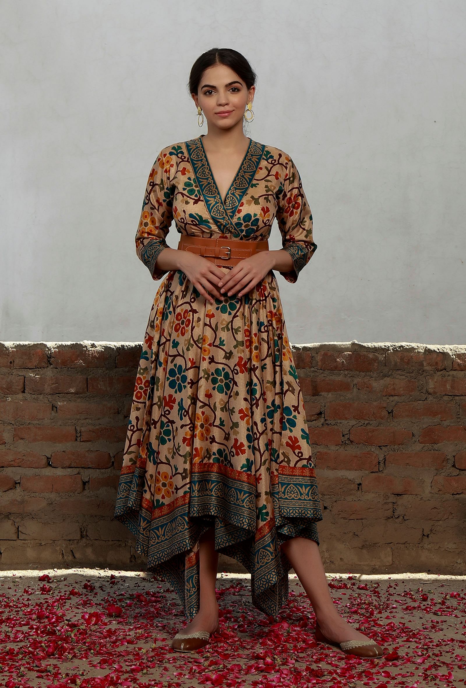Buy Beige Kalamkari Printed Cotton Silk Asymmetrical Dress Online