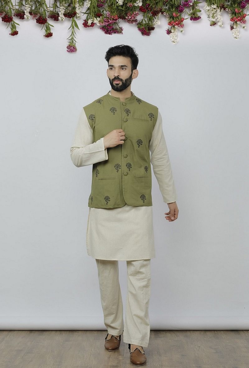 Handmade Brocade Silk Green Color Nehru Jacket With Kurta Pajama Set –  Rajanyas