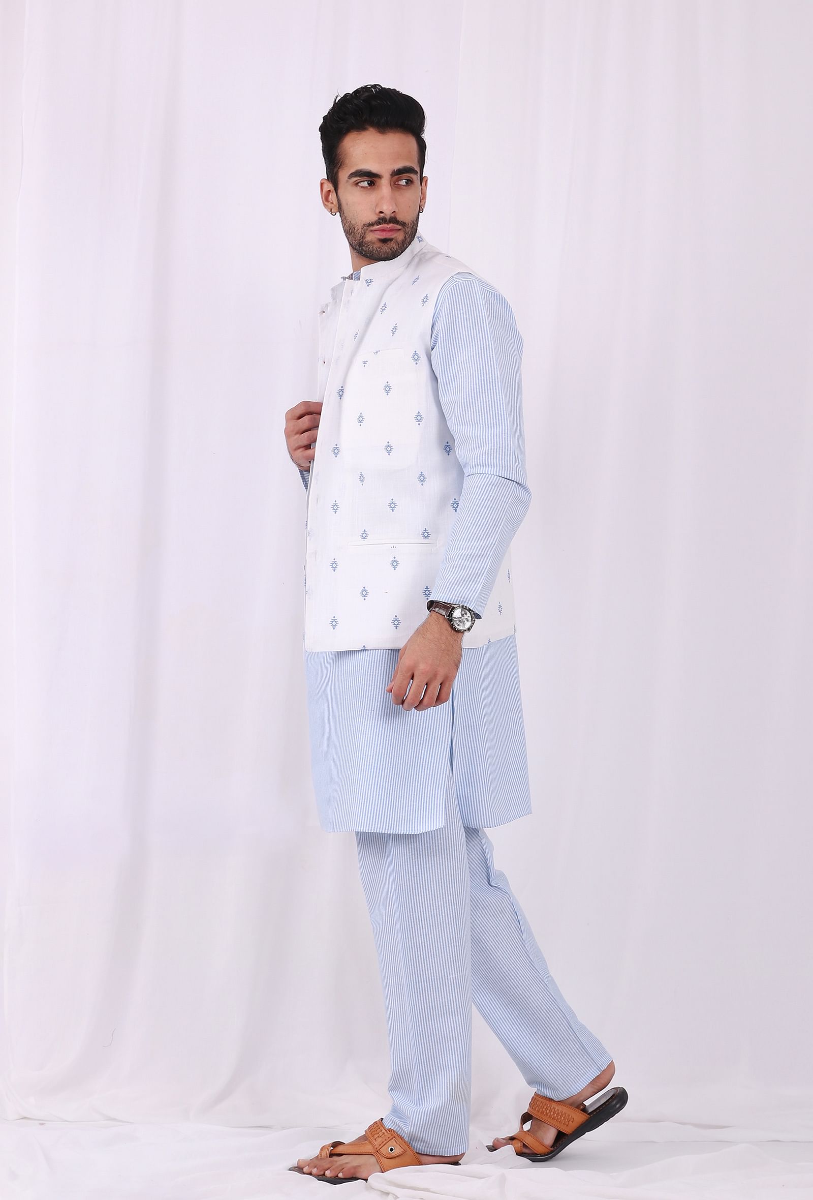Set of 3 - Fred Blue Jacket with White Kurta Pyjama Set – TJORI