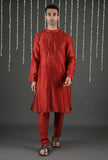 Set Of 2- Udarsh Apple Red Chanderi Kurta & Straight Pants